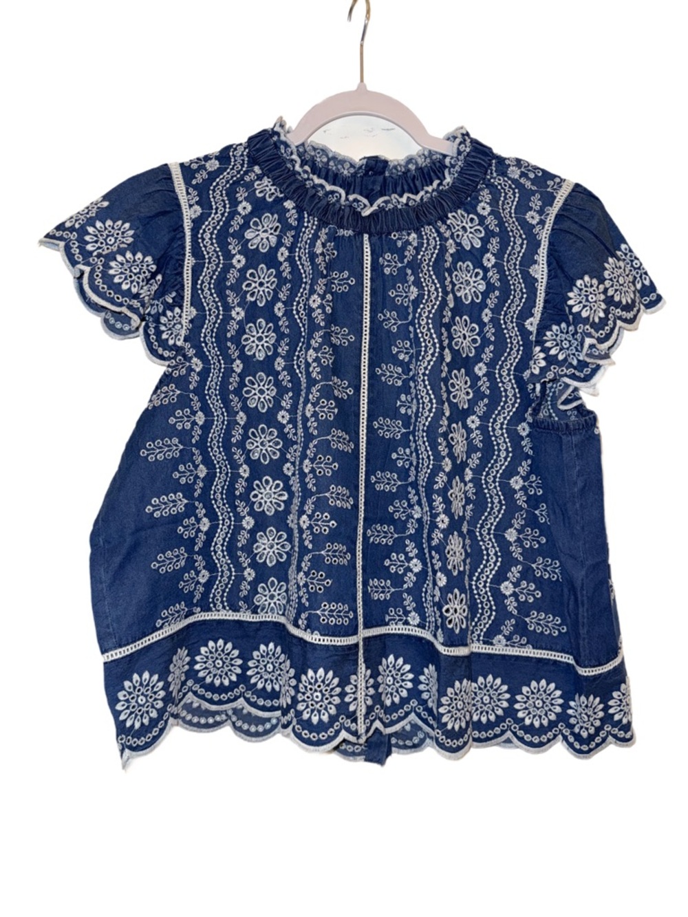 NWT Jennifer & Grace Blue Chambray Eyelet Floral Embroidered Top Size XL